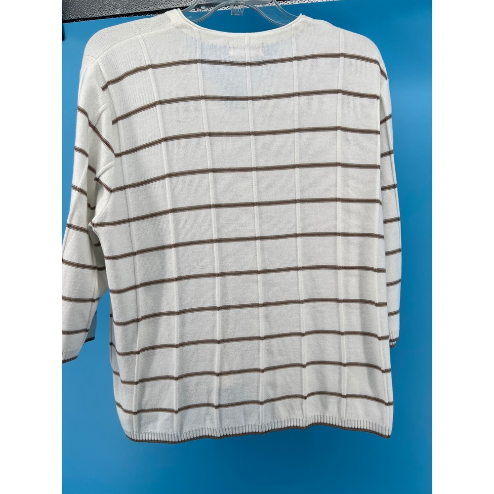 Christopher & Banks Women Cardigan L White Brown Striped 3/4 Sleeve Button Front - Picture 5 of 5